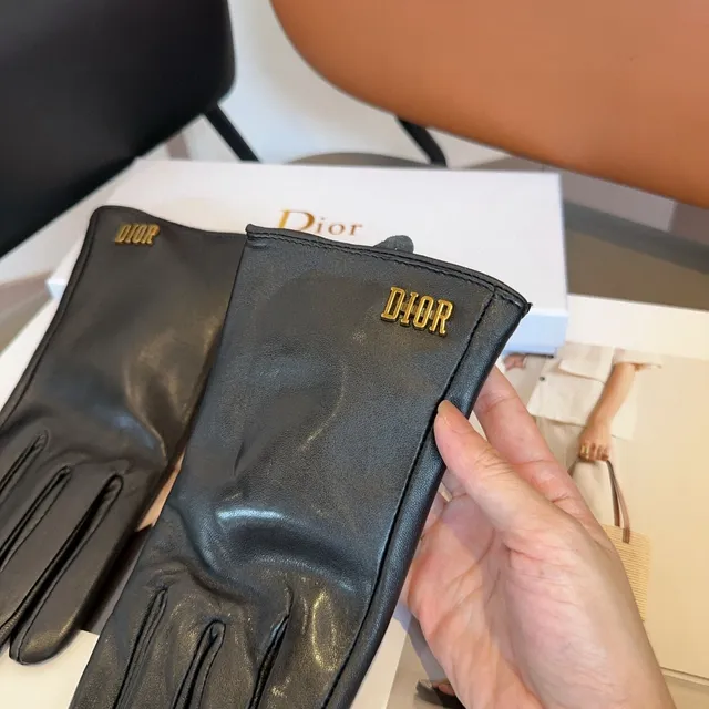 Guantes de cuero con logo Dior negro y oro, bordados, suaves 6