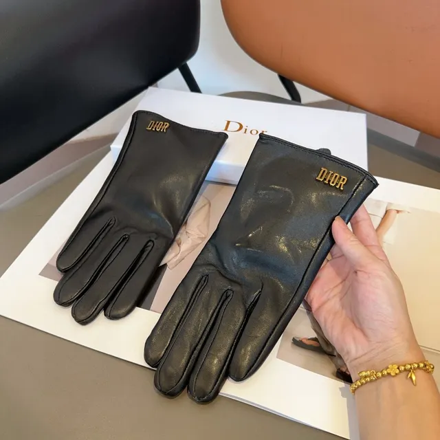 Guantes de cuero con logo Dior negro y oro, bordados, suaves 7