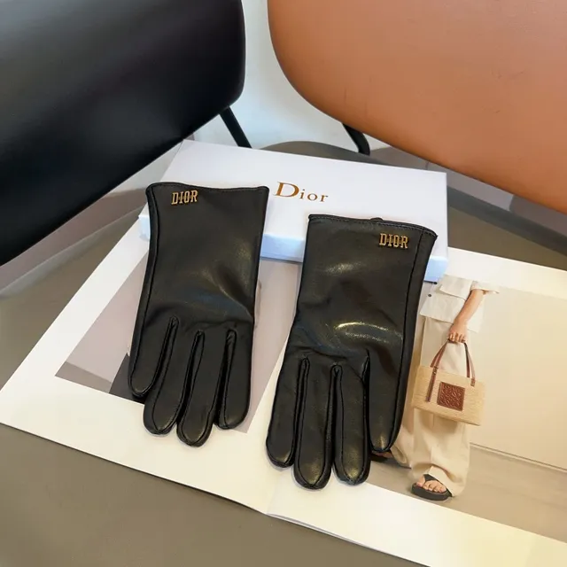 Guantes de cuero con logo Dior negro y oro, bordados, suaves 8
