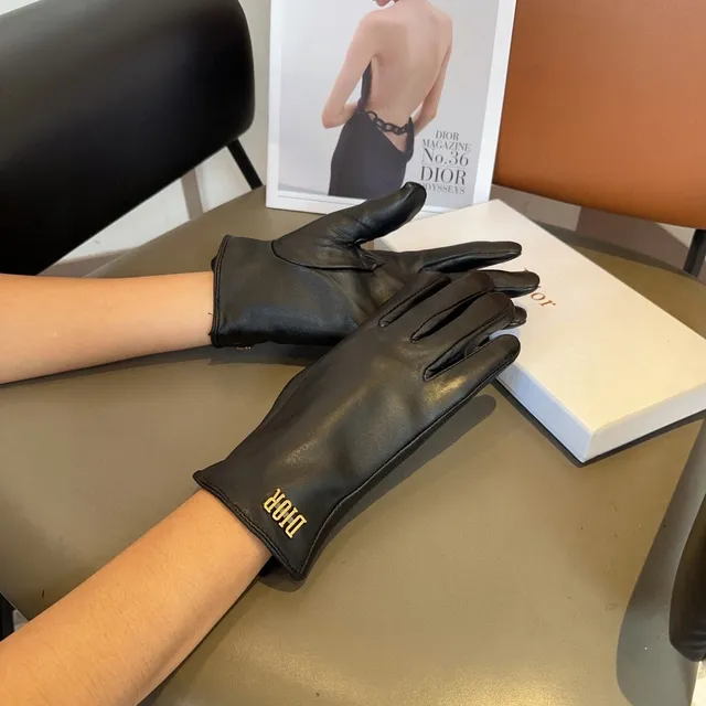 Guantes de cuero con logo Dior negro y oro, bordados, suaves 9