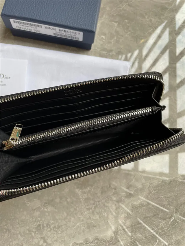 Dior काला चांदी दानेदार चमड़ी जिप-अराउंड लंबा वॉलेट 4