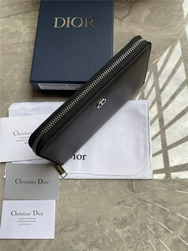 Dior काला चांदी दानेदार चमड़ी जिप-अराउंड लंबा वॉलेट 5