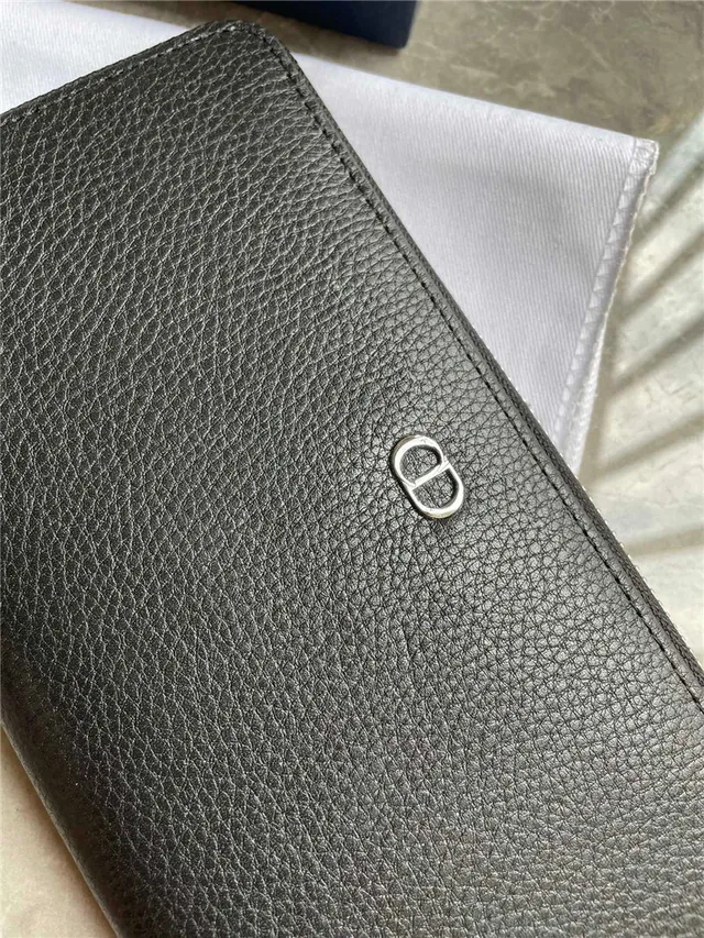 Dior काला चांदी दानेदार चमड़ी जिप-अराउंड लंबा वॉलेट 6