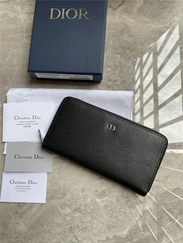 Dior काला चांदी दानेदार चमड़ी जिप-अराउंड लंबा वॉलेट 7
