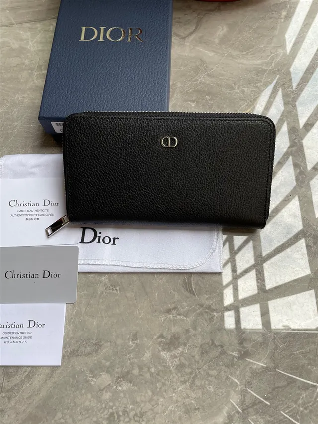 Dior काला चांदी दानेदार चमड़ी जिप-अराउंड लंबा वॉलेट 9