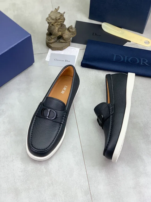 Dior Noir Blanc Cuir grainé Logotype CD Boucle Mocassins 5