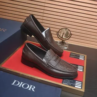 Dior 棕黑 压花 斜纹 图案 便士带 乐福鞋