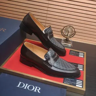 Dior棕黑抛光皮革印花纺织包头乐福鞋