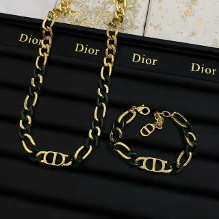 Dior CD Link Chaîne Or Vert Monogram Médaillon Collier