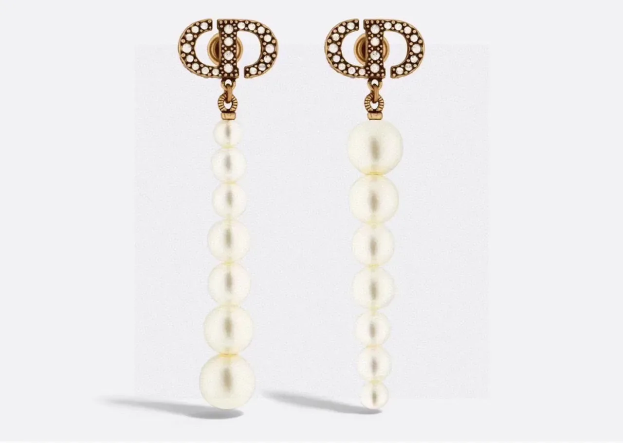 Dior CD Pulsera de Perlas Beige Cadena de Oro Metálica 2