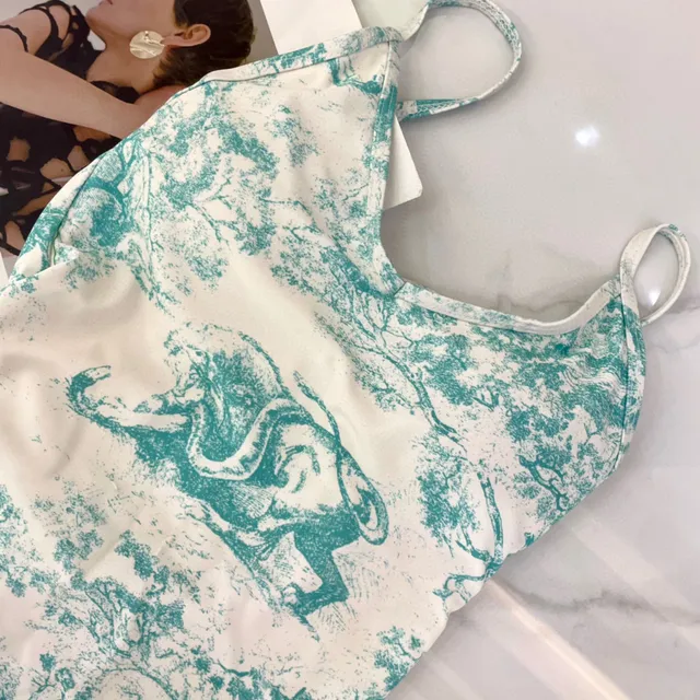 Dior Dioriviera Traje de baño Blanco y Azul Correa cruzada en la espalda Toile De Jouy Print 3