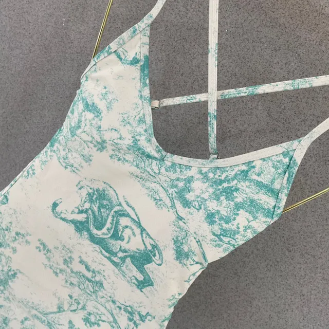 Dior Dioriviera Traje de baño Blanco y Azul Correa cruzada en la espalda Toile De Jouy Print 6