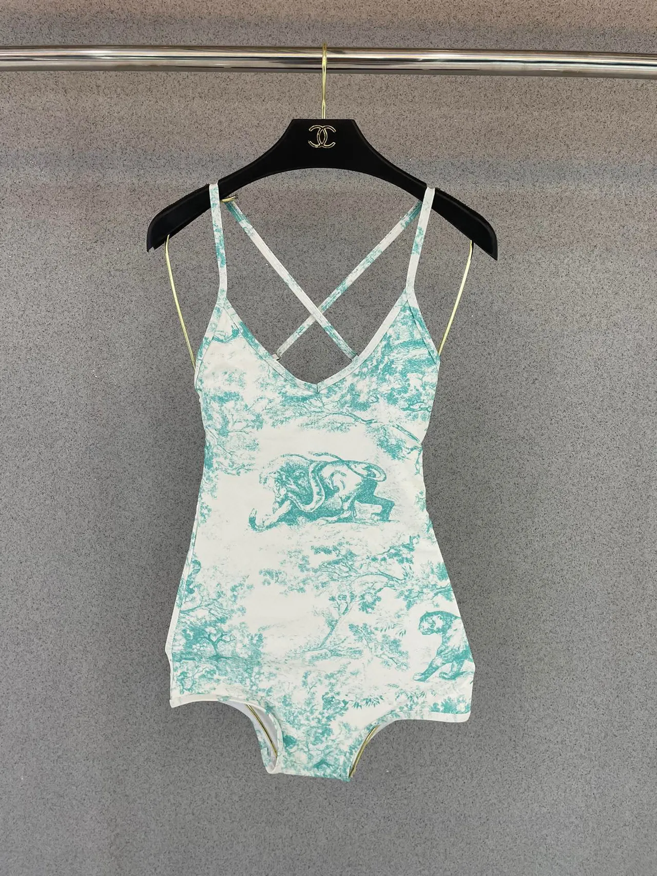 Dior Dioriviera Traje de baño Blanco y Azul Correa cruzada en la espalda Toile De Jouy Print 9