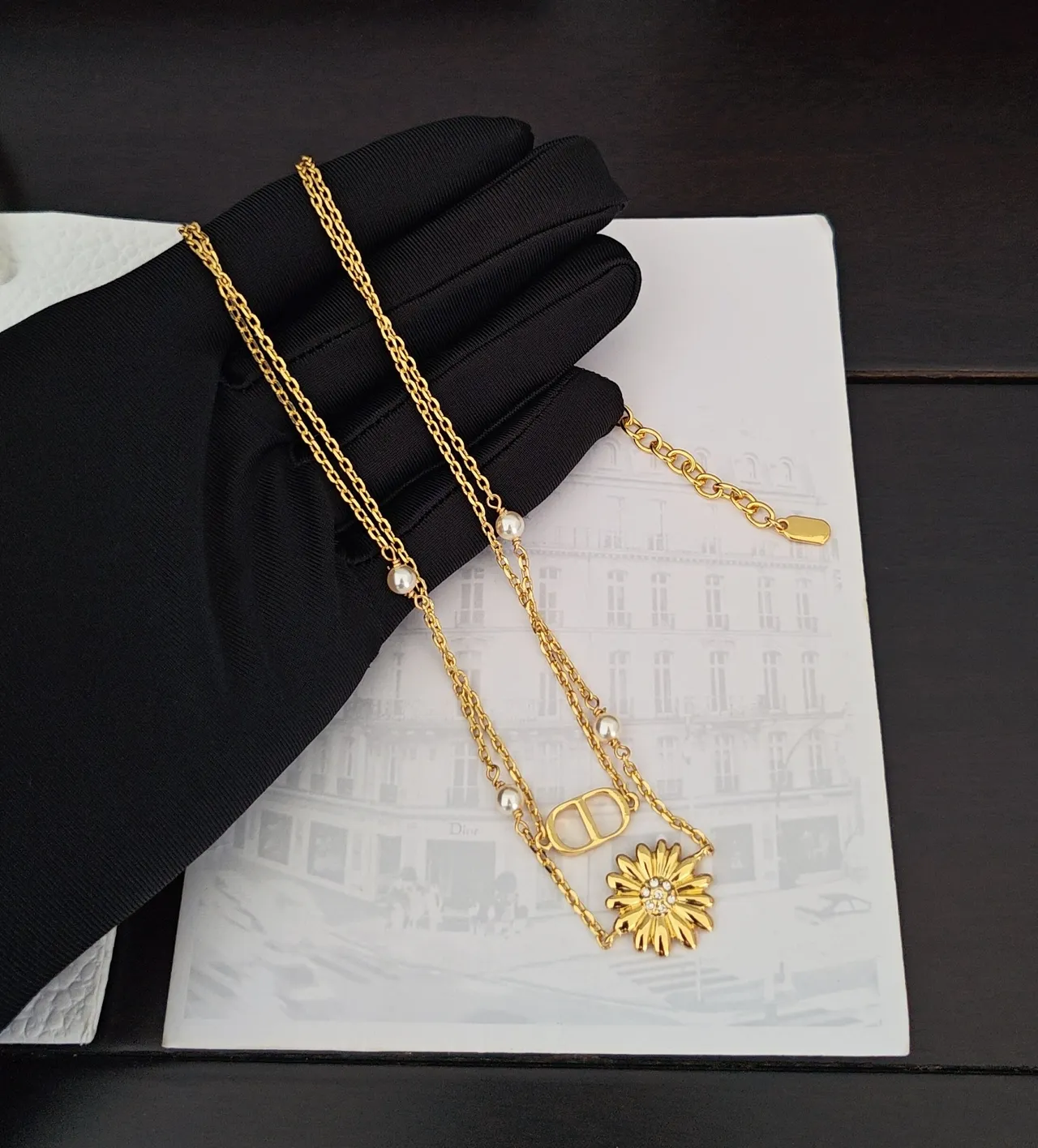 Dior Gold White Multi-Strand Chain Pearl Accents Necklace 5