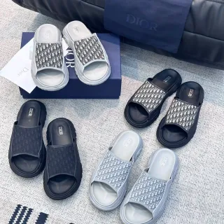 Dior ধূসর কালো ঘন প্ল্যাটফর্ম সোল মোনোগ্রাম জ্যাকার্ড স্ট্র্যাপ স্লিপার