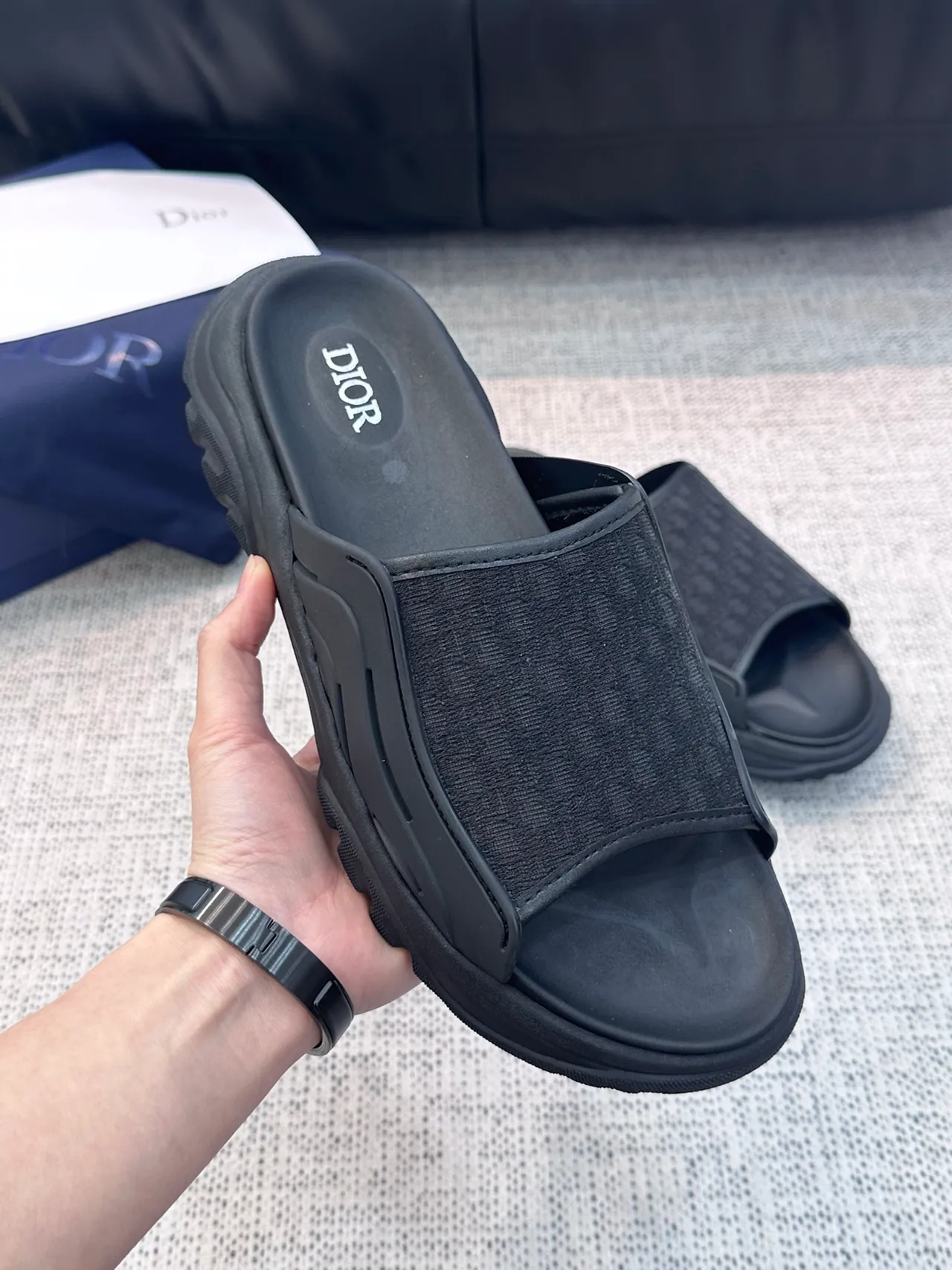 Dior Gray Black Thick Platform Sole Monogram Jacquard Strap Slippers 6