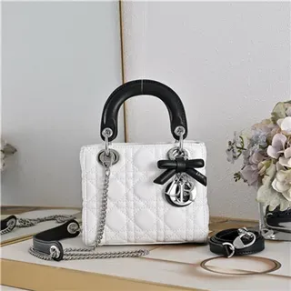 Dior Lady Sac à main à anse supérieure en cuir matelassé cannage blanc noir