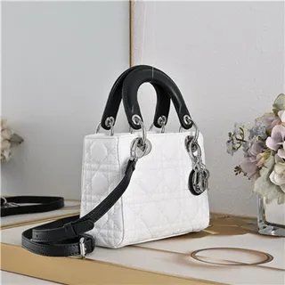 Dior Lady Sac à main à anse supérieure en cuir matelassé cannage blanc noir 8