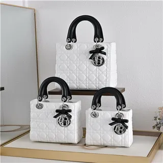 Dior Lady Sac à main à anse supérieure en cuir matelassé cannage blanc noir 22