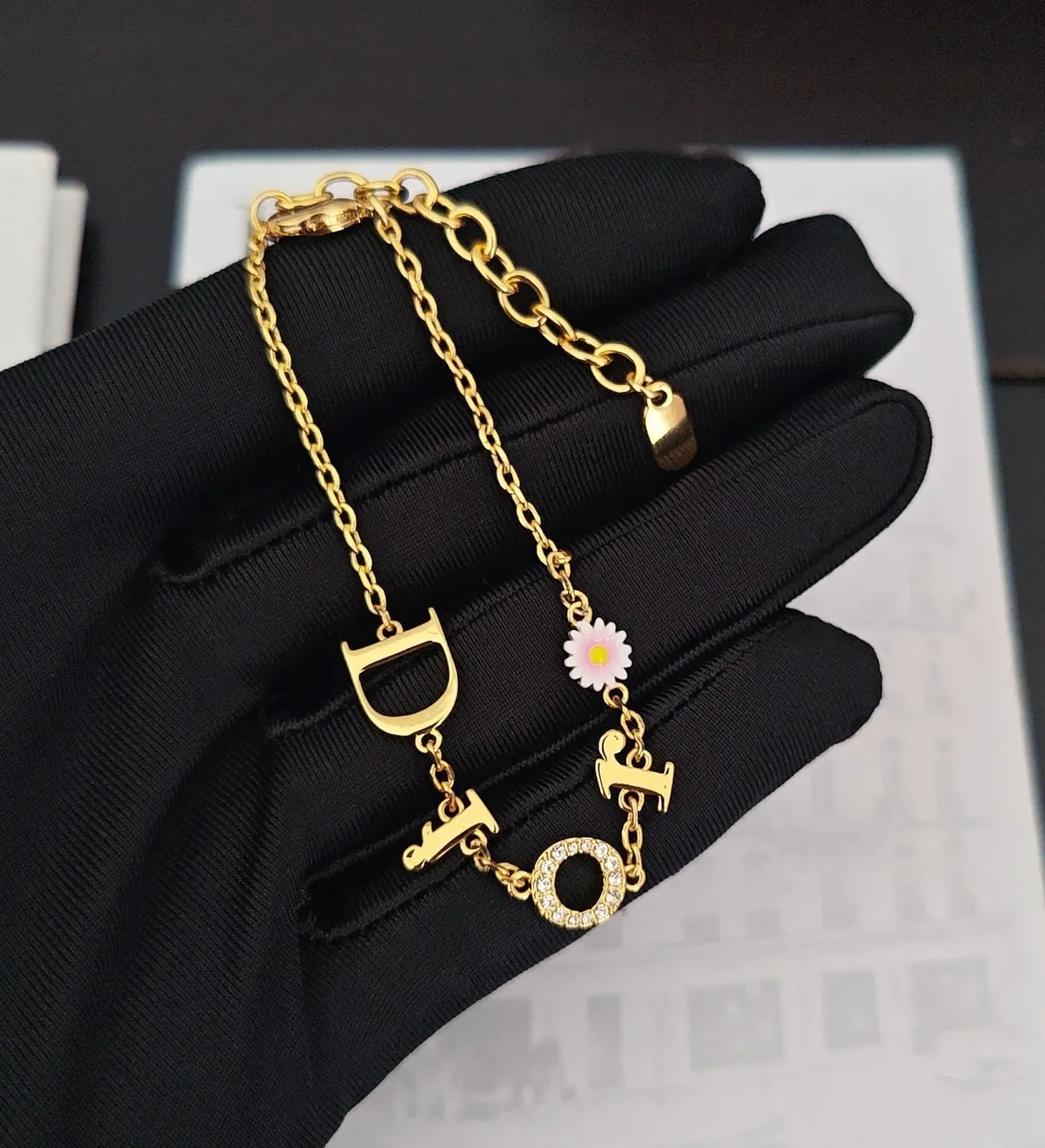 Dior Letter Charm Gold-Tone Enamel Daisy Bracelet 4