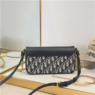 Dior Navy Gold Sac à chaîne à rabat structuré avec impression oblique sur toile 9