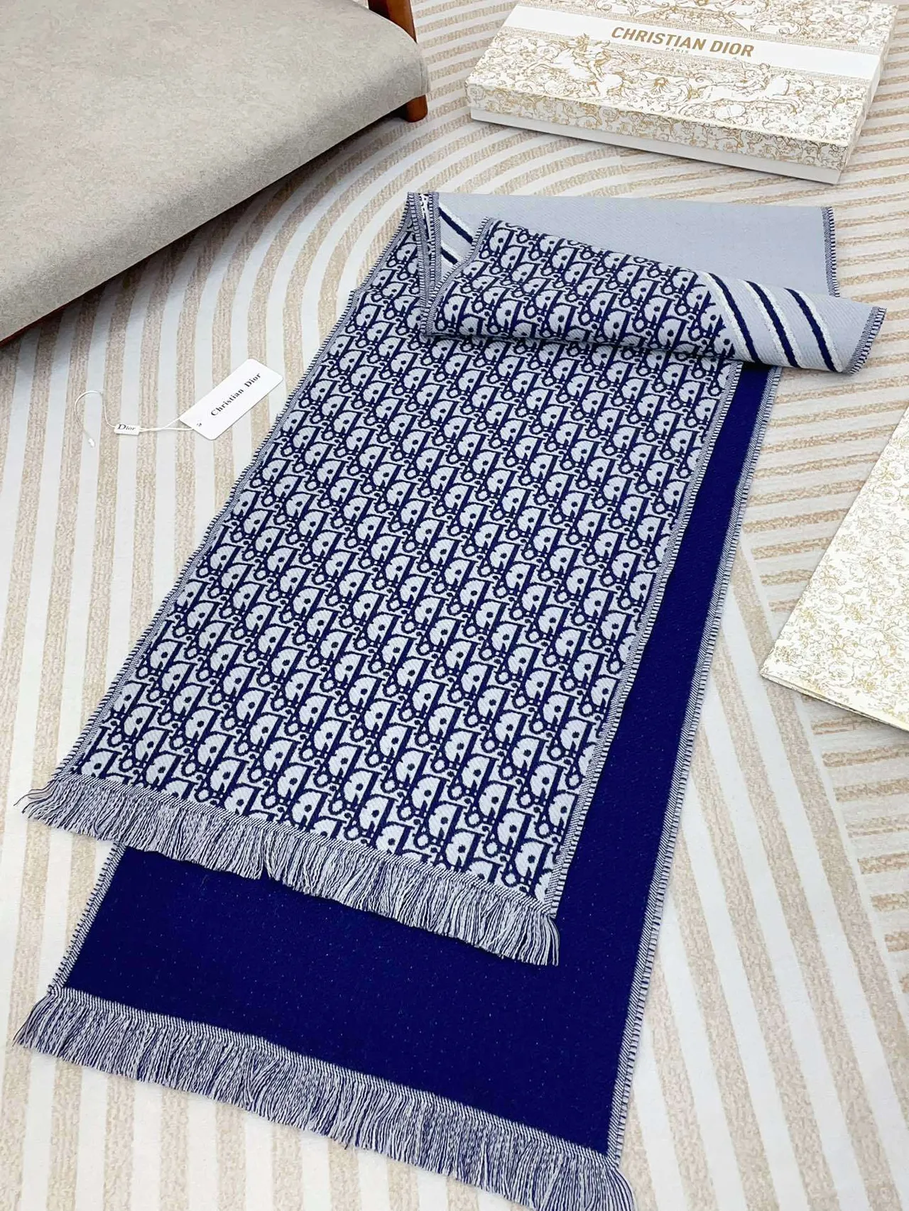 Dior Oblique Navy White Monogram Knit Fringed Edges Scarve 6