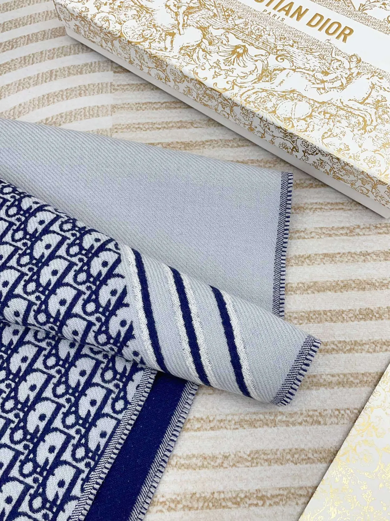 Dior Oblique Navy White Monogram Knit Fringed Edges Scarve 7