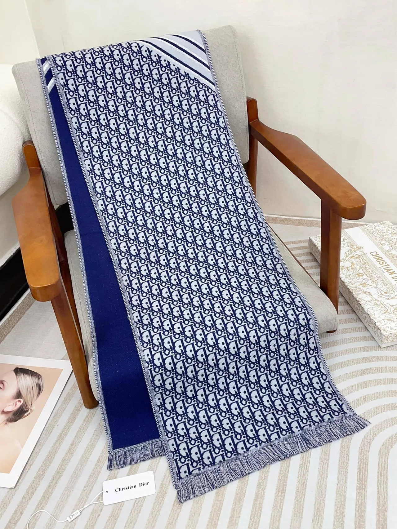 Dior Oblique Navy White Monogram Knit Fringed Edges Scarve 8