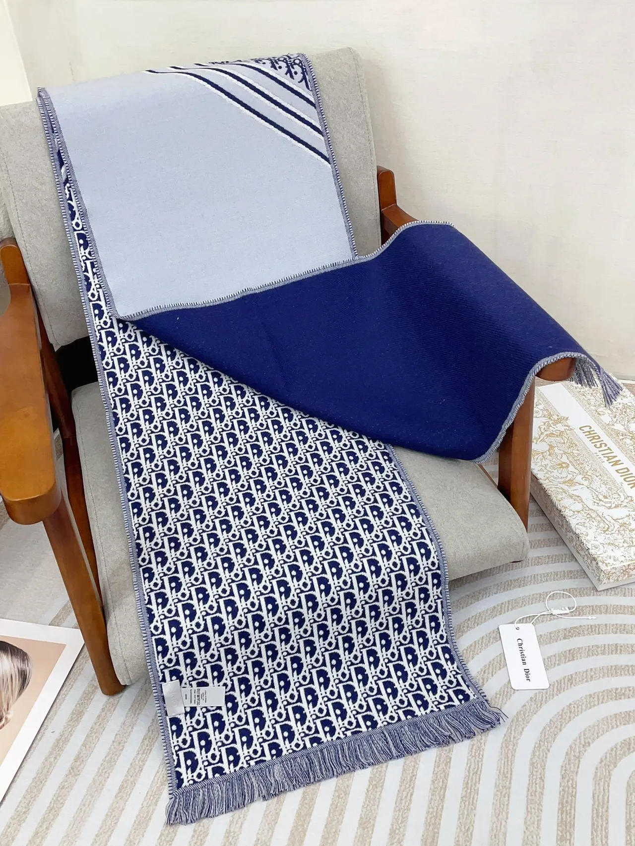 Dior Oblique Navy White Monogram Knit Fringed Edges Scarve 9