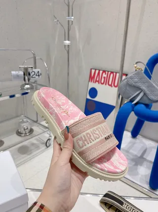 Dior Pink Beige Marbled Footbed Thick Ridged Platform Sole Slippers 3