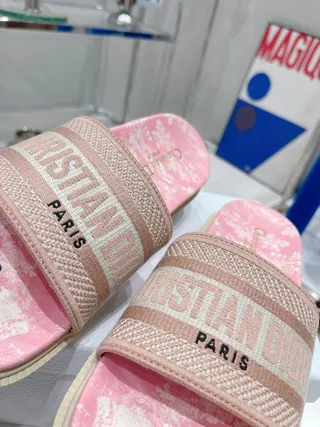 Dior Pink Beige Marbled Footbed Thick Ridged Platform Sole Slippers 4