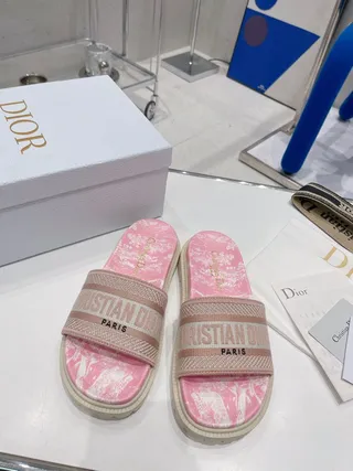 Dior Pink Beige Marbled Footbed Thick Ridged Platform Sole Slippers 5