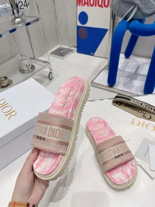 Dior Pink Beige Marbled Footbed Thick Ridged Platform Sole Slippers 9