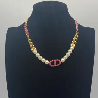 Dior Collar con Motivos de Hoja de Oro Rosa y Perlas Falsas Blancas
