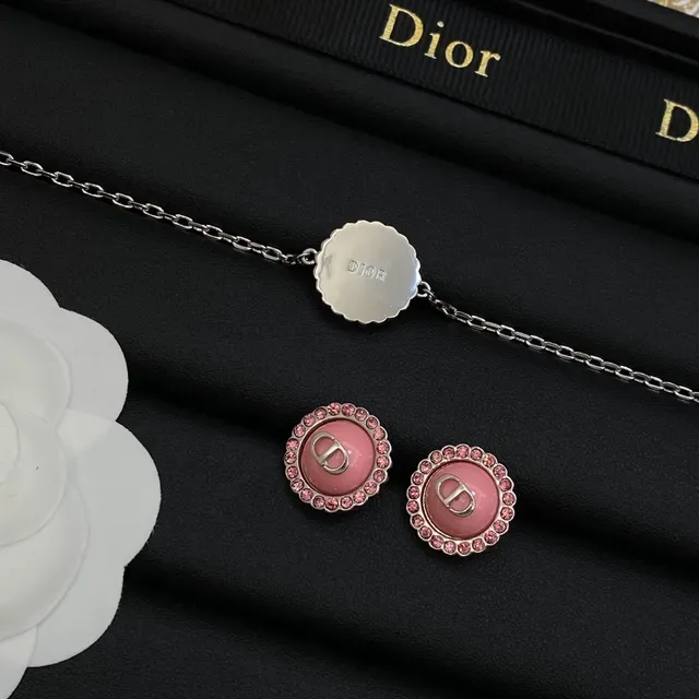 Dior Pink Silver Circular Enamel Pendant Crystal-Encrusted Bezel Necklace 2