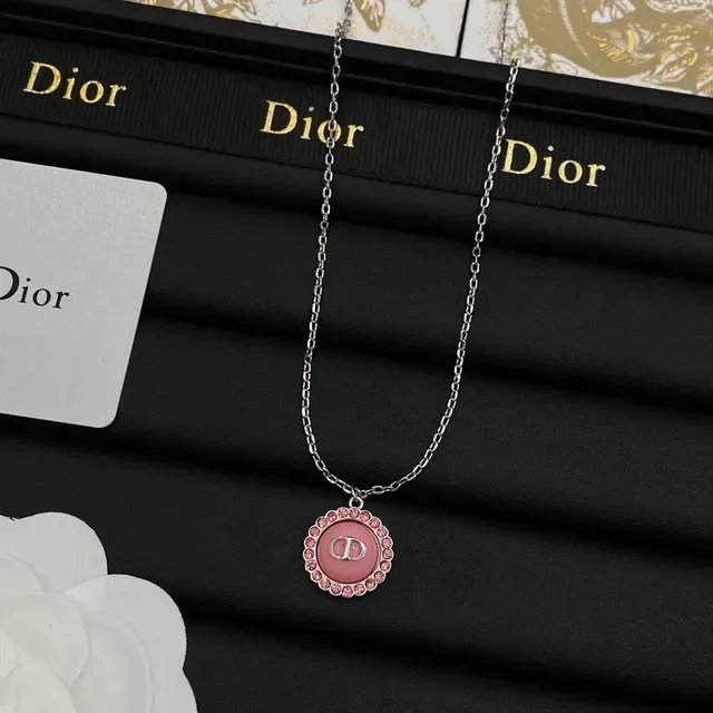 Dior Pink Silver Circular Enamel Pendant Crystal-Encrusted Bezel Necklace 3