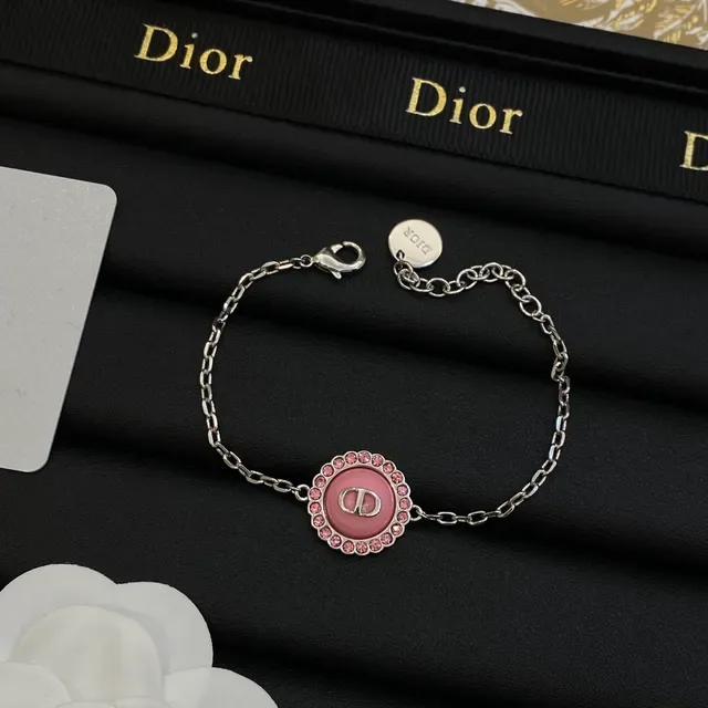 Dior Pink Silver Circular Enamel Pendant Crystal-Encrusted Bezel Necklace 4