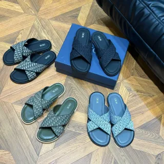 Dior Slide Negro Gris Correa Cruzada Monograma Tela Zapatillas