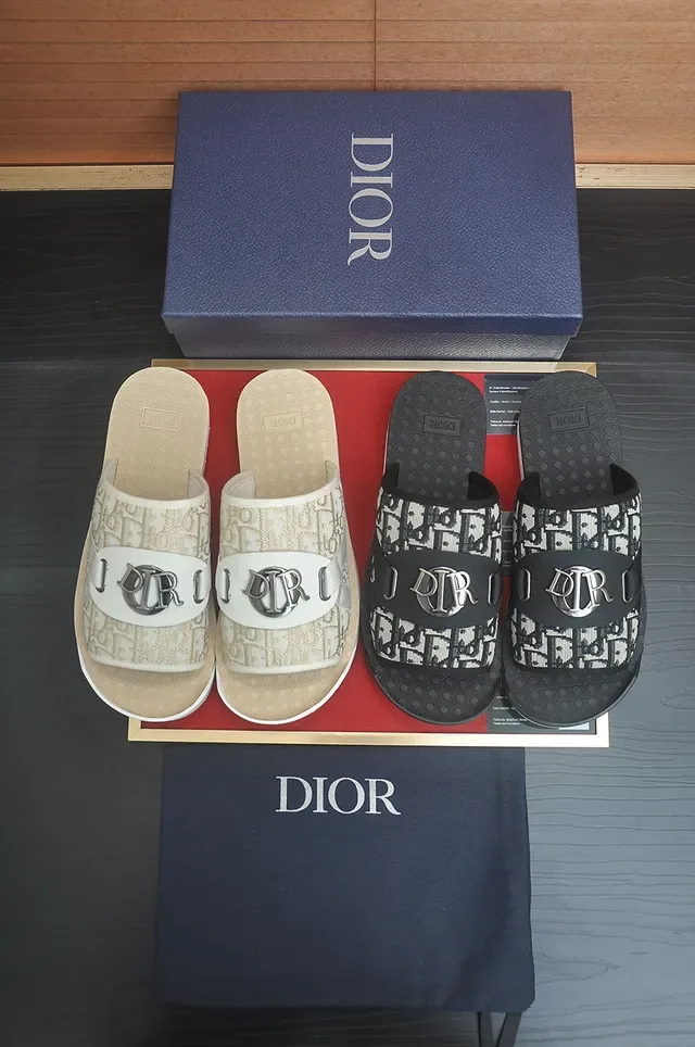 Dior Slide Black White Monogrammed Fabric Strap Metallic 'D' Buckle Slippers 4