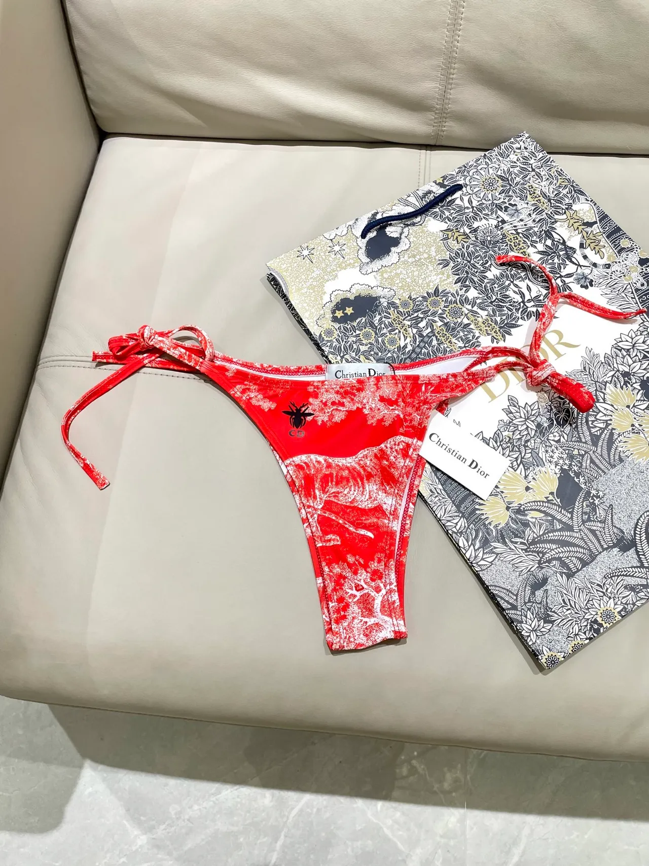 Dior Toile de Jouy Red Yellow Halter Triangle Top Side-Tie Thong Bottom Swimwear 2
