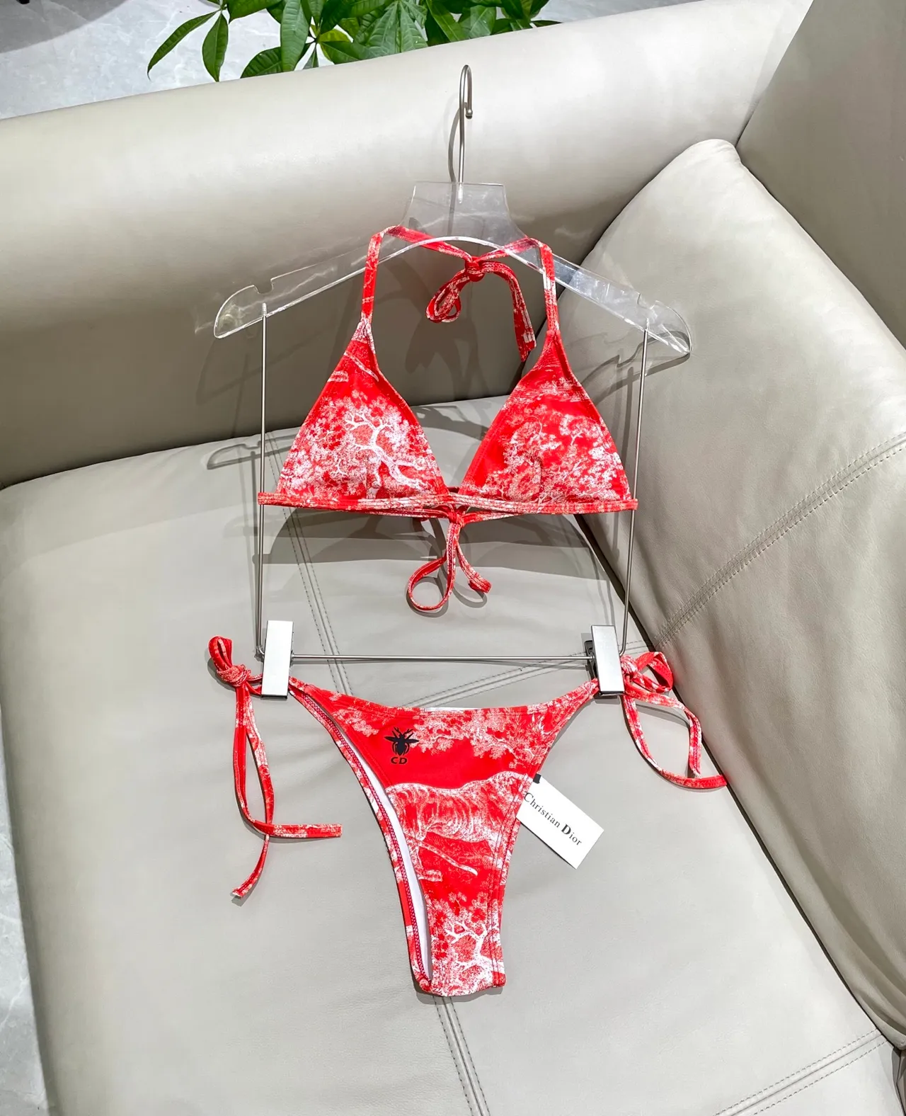 Dior Toile de Jouy Red Yellow Halter Triangle Top Side-Tie Thong Bottom Swimwear 5