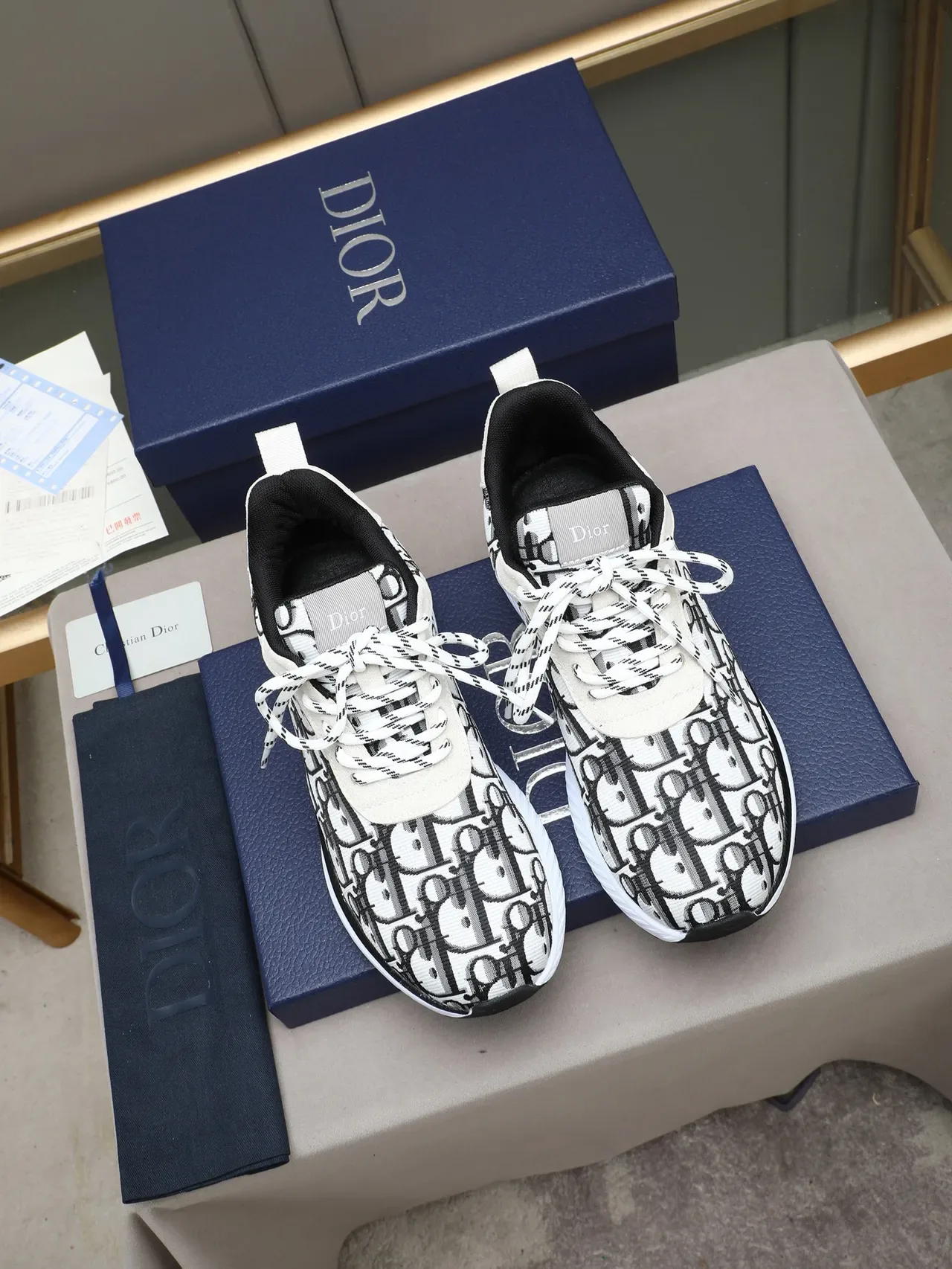 Dior Blanc Noir Motif Monogramme Imprimé Tissu Supérieur Semelle Intermédiaire Sculptée Chaussures Lifestyle 2