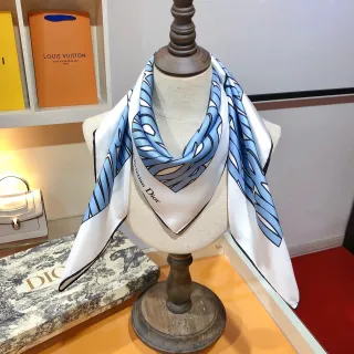 डियोन सफेद नीला वर्ग अमूर्त लहर प्रिंट रेशम ओढ़नी