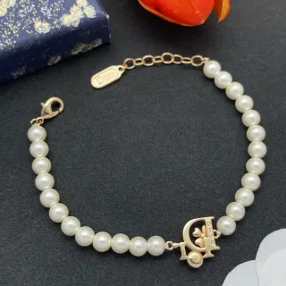 Dior 白金 珍珠串 Logo Charm 手链