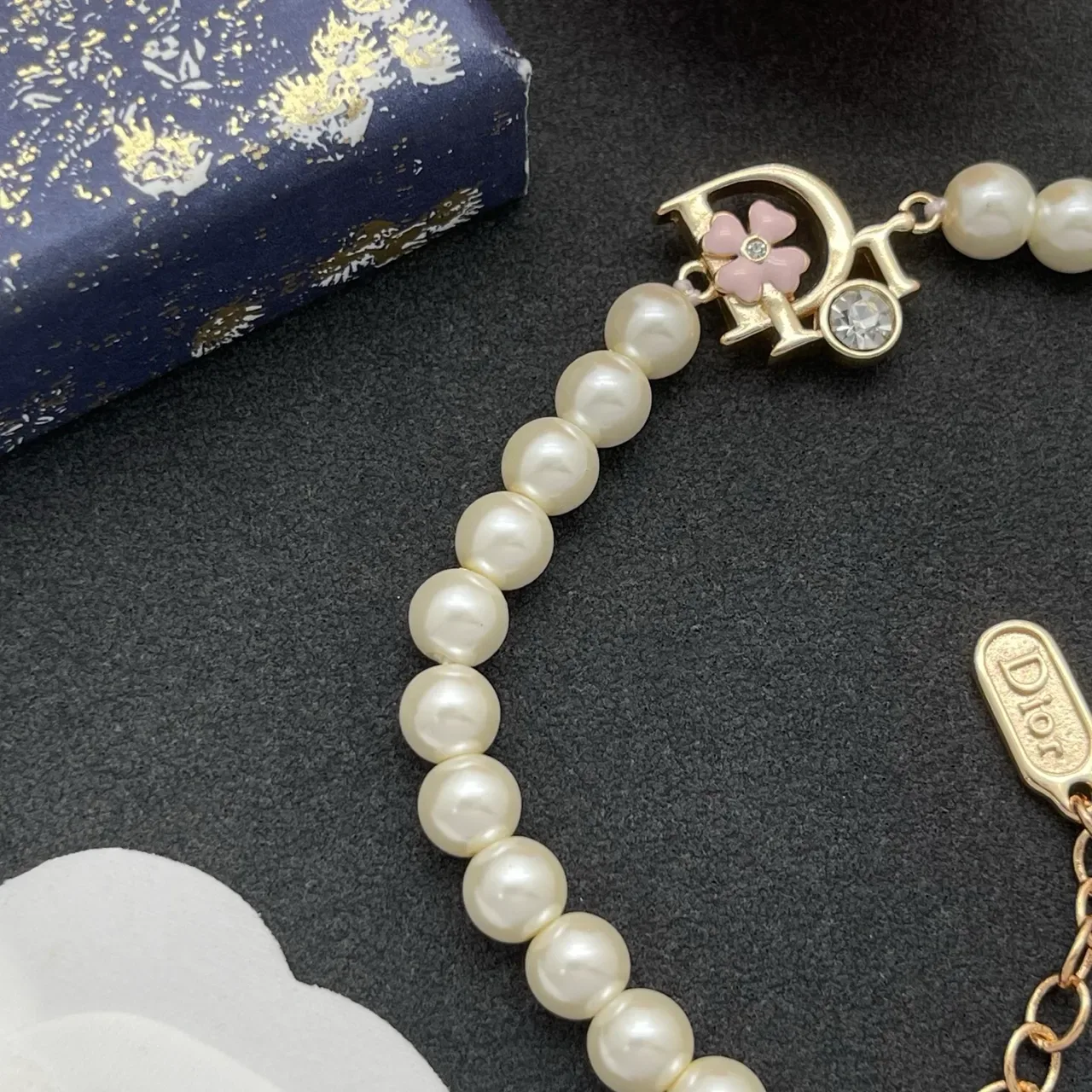 Dior White Gold Pearl Strand Logo Charm Bracelet 4
