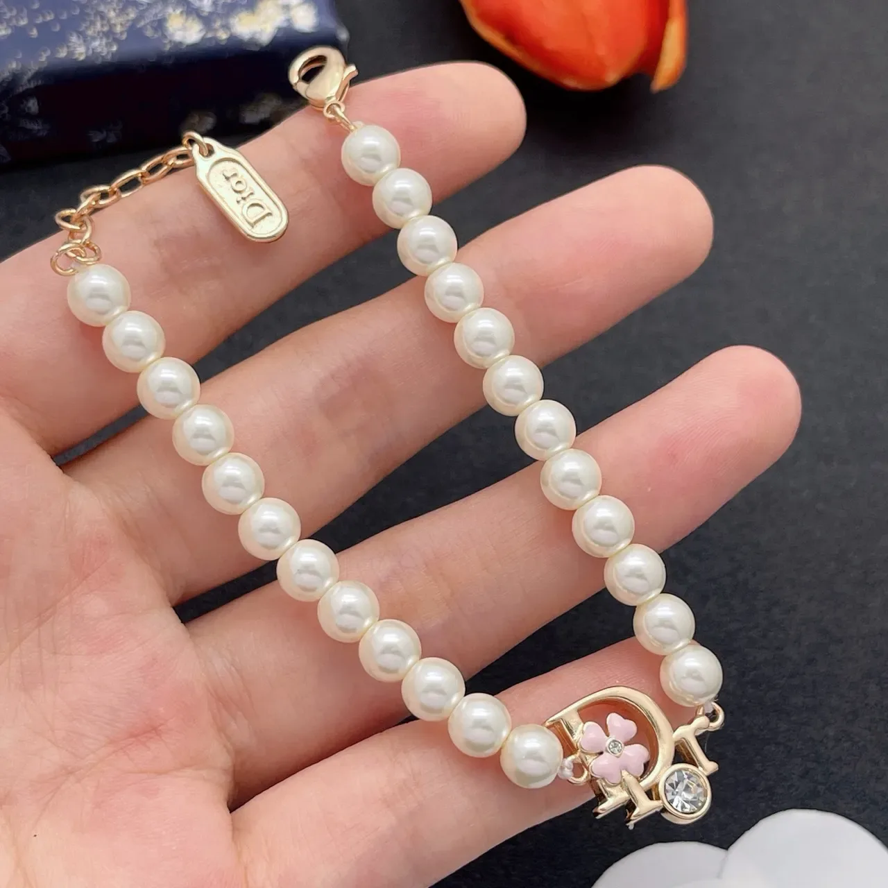 Dior White Gold Pearl Strand Logo Charm Bracelet 8