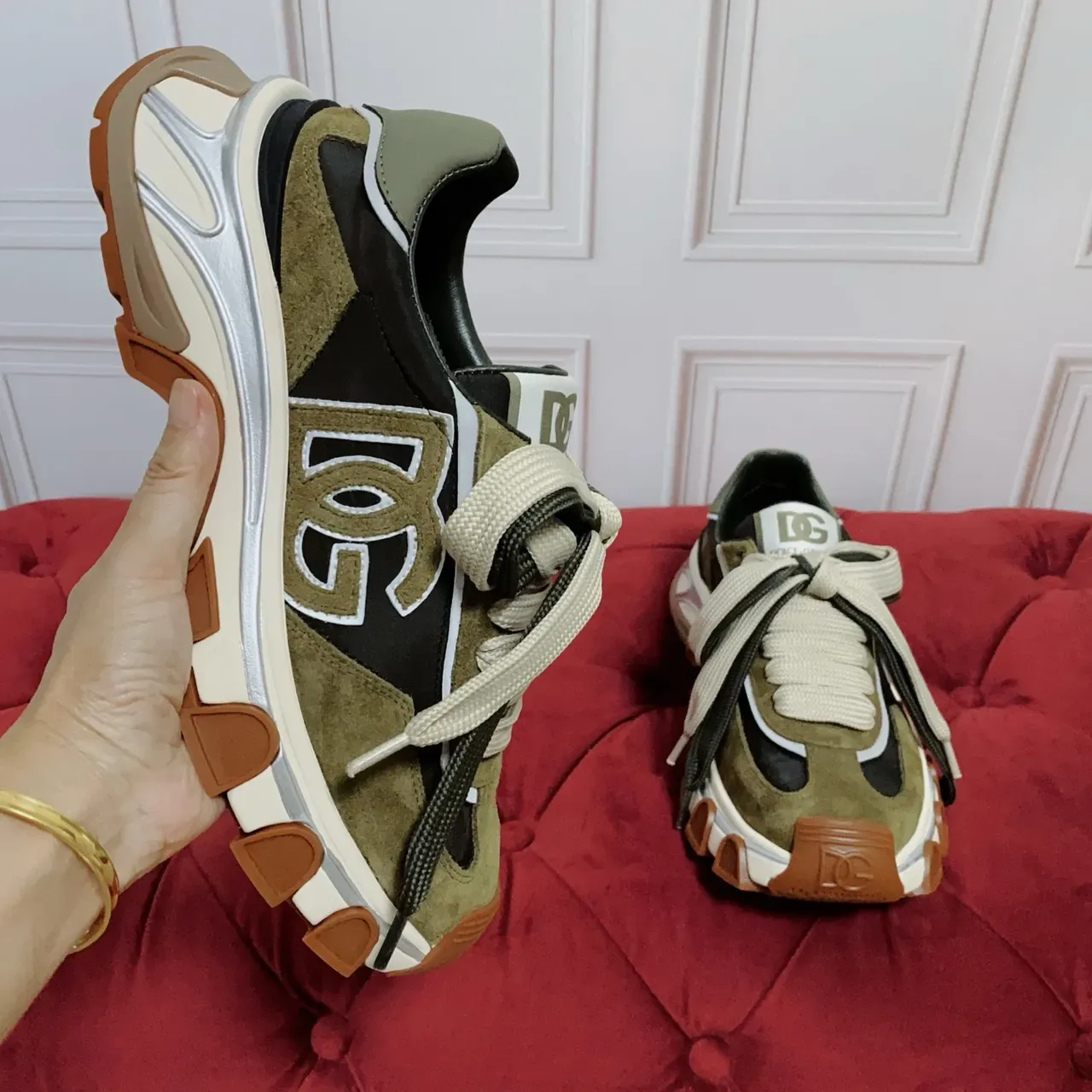 Dolce & Gabbana Vert Militaire Semelle Noire Upper Multi-Matières Sneakers Chunky 5