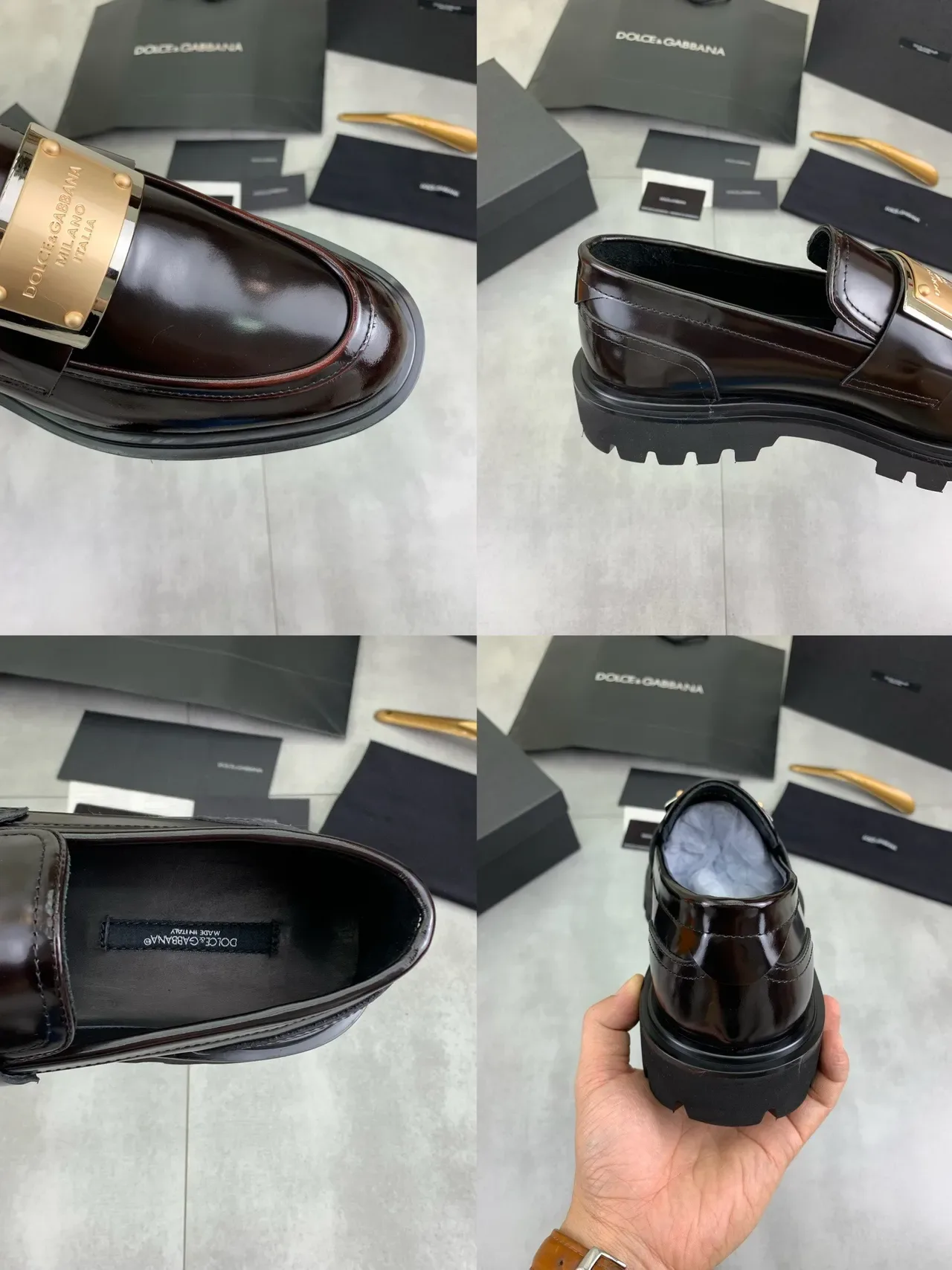 Dolce & Gabbana Portofino 棕金 高光专利皮革 厚底铆钉 乐福鞋 2