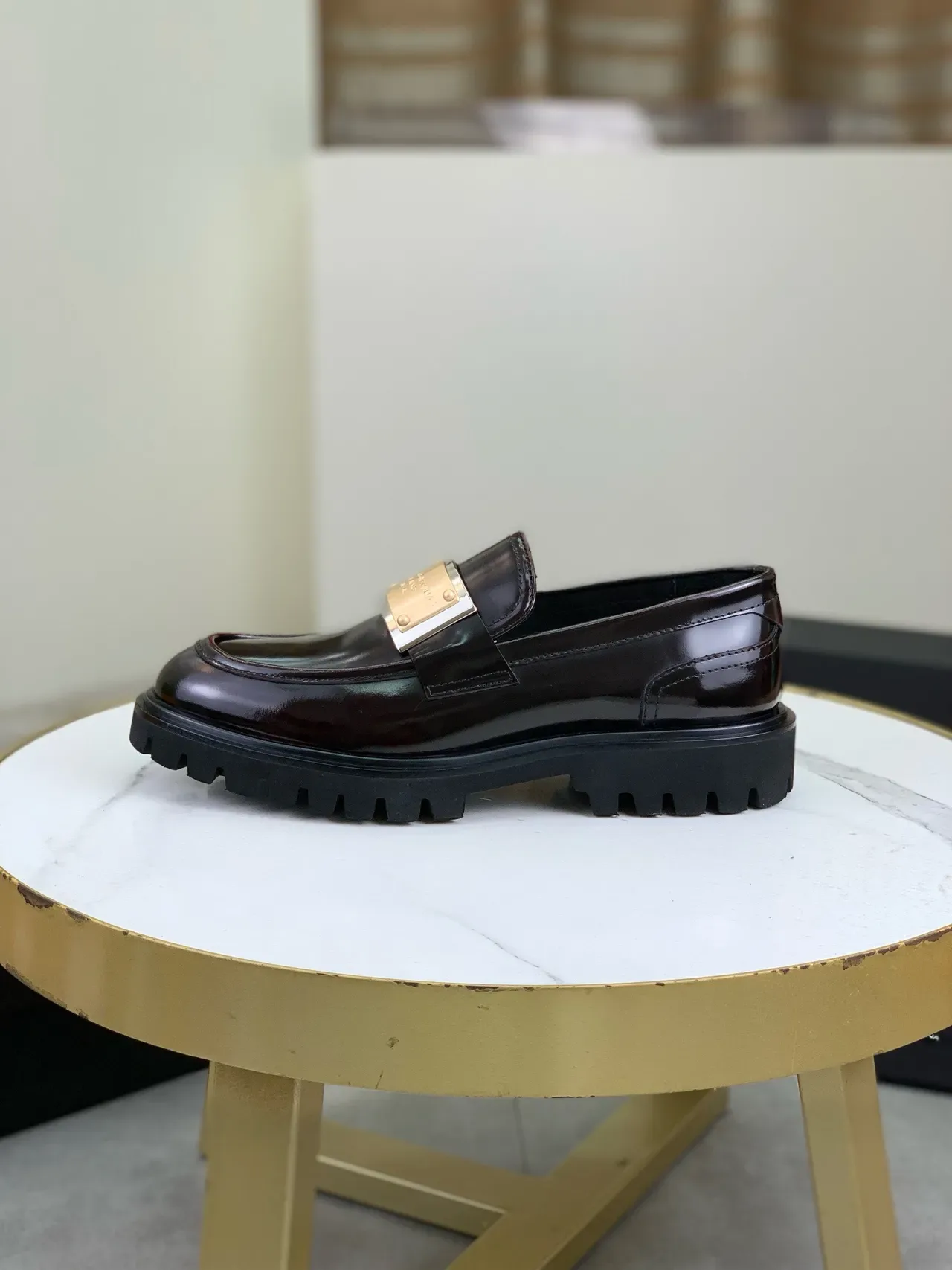 Dolce & Gabbana Portofino 棕金 高光专利皮革 厚底铆钉 乐福鞋 6