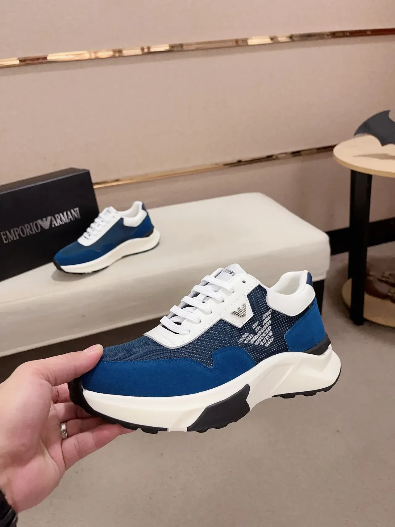 Emporio Armani Blue White Chunky Platform Sole Mixed Suede And Mesh Upper Lifestyle Sneakers 3